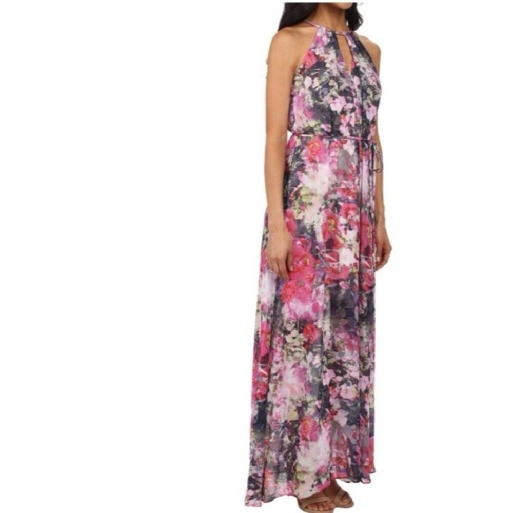 Maggy London Floral Halter Maxi Dress Pink Black Sheer Overlay Tie Back 8